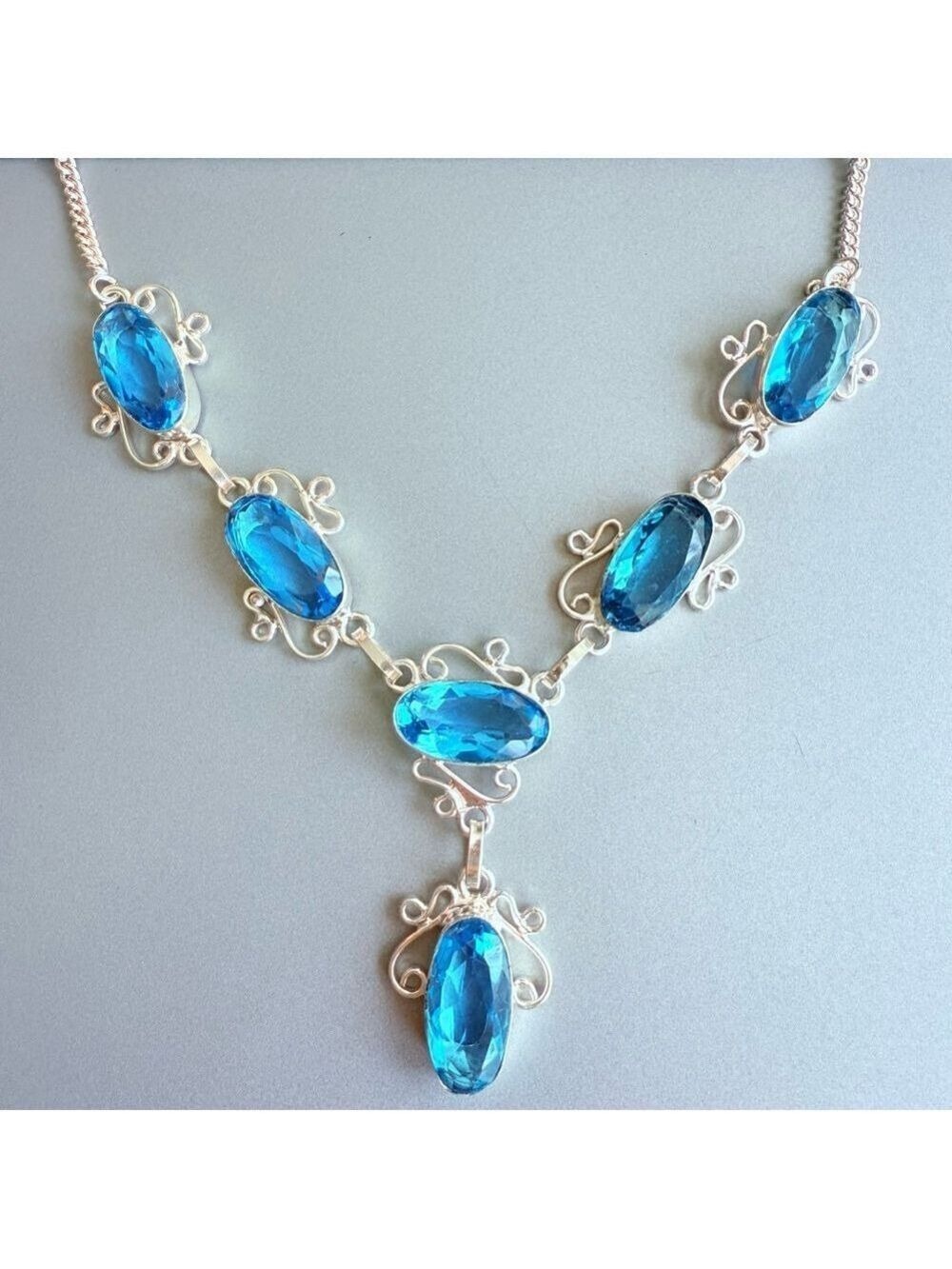 Blue Topaz CZ Filigree Ornate Sterling Silver Lariat Statement Necklace